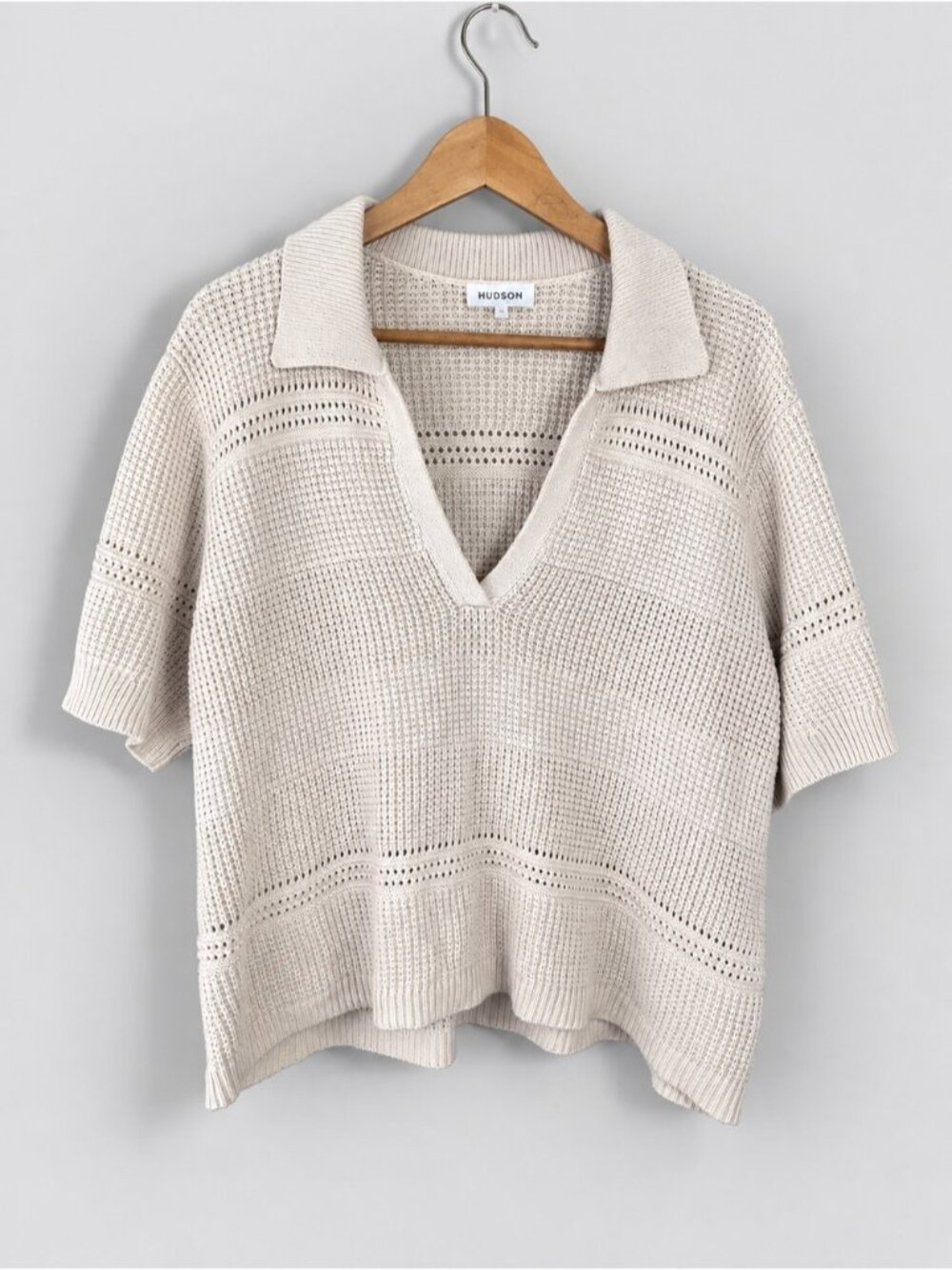 Hudson North 1X Cotton Knit Sweater Top Cream Boxy Open Knit Polo Short Sleeve